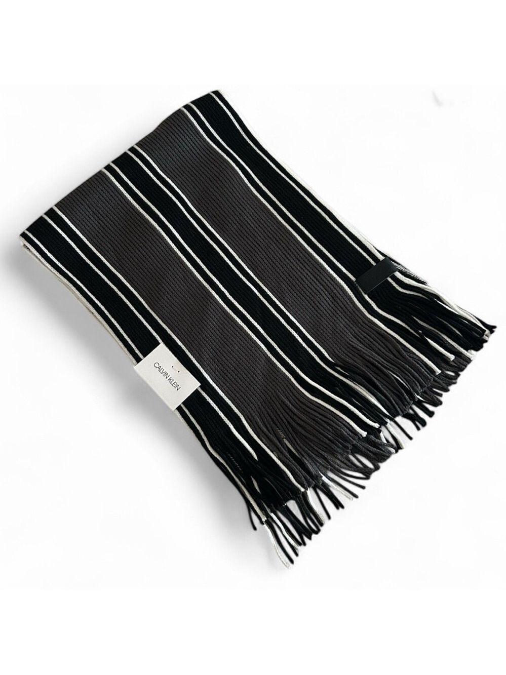 Calvin Klein Men's Black White and Gray Wide Stripe Knit Fringe Scarf One Size